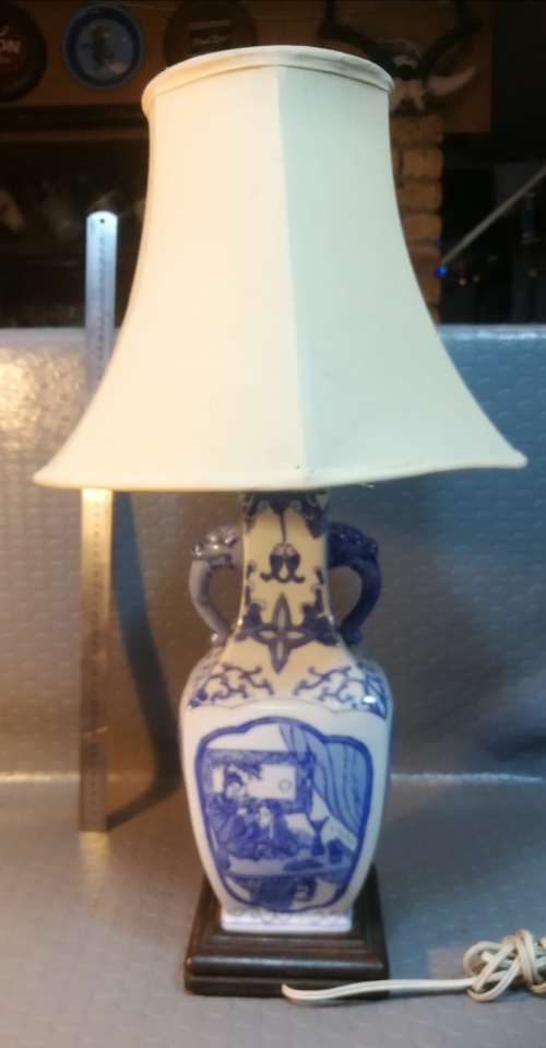 Exceptional!!! large blue and white porcelain lamp on dark wood base
