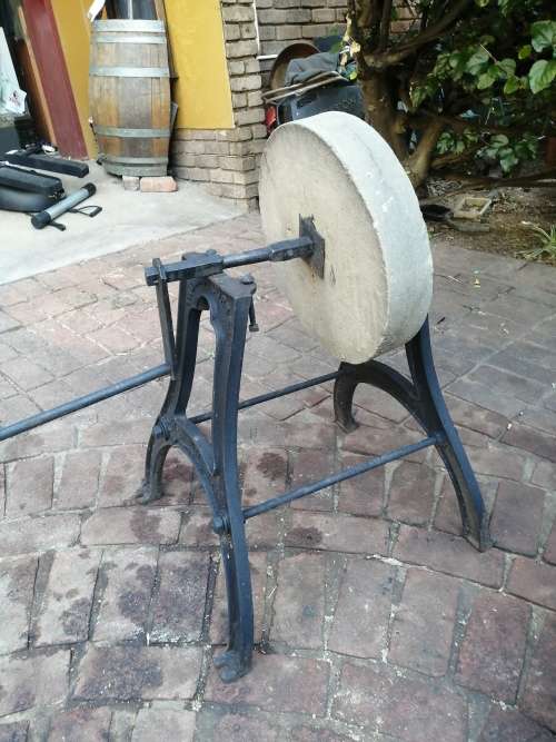 Very Large, Antique 1800`s Grinding Sandstone Sharpening Wheel and Cast Iron Stand!!