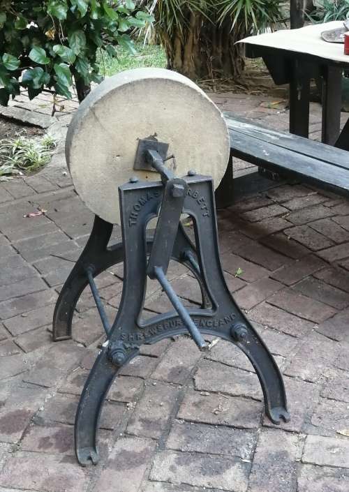 Very Large, Antique 1800`s Grinding Sandstone Sharpening Wheel and Cast Iron Stand!!