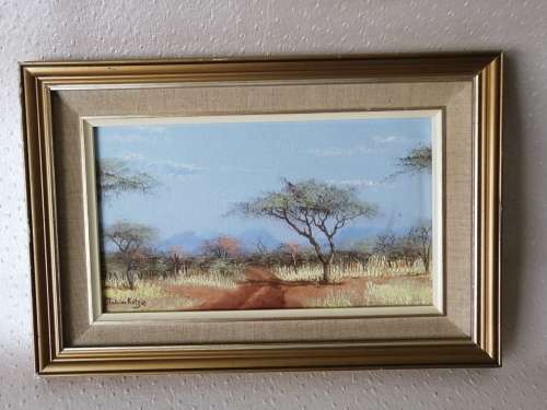 ORIGINAL OIL PAINTING. Bushveld Scene by well known S A Artist Johan Kotze (400mm x 270mm)