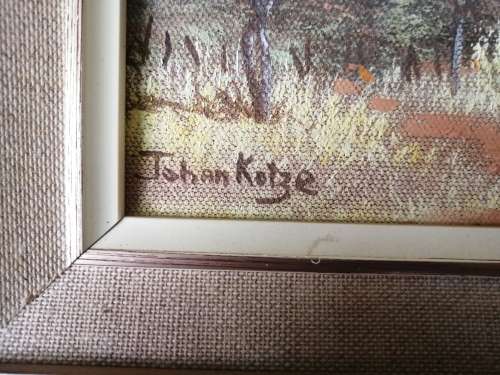 ORIGINAL OIL PAINTING. Bushveld Scene by well known S A Artist Johan Kotze (400mm x 270mm)