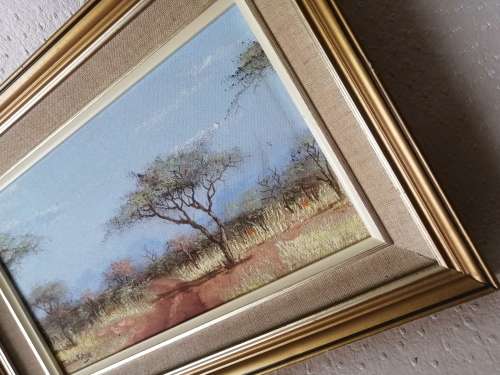 ORIGINAL OIL PAINTING. Bushveld Scene by well known S A Artist Johan Kotze (400mm x 270mm)