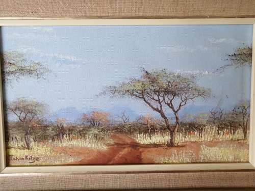 ORIGINAL OIL PAINTING. Bushveld Scene by well known S A Artist Johan Kotze (400mm x 270mm)