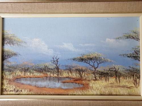 ORIGINAL OIL PAINTING. Bushveld Scene by well known S A Artist Johan Kotze (400mm x 270mm)