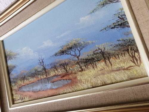ORIGINAL OIL PAINTING. Bushveld Scene by well known S A Artist Johan Kotze (400mm x 270mm)