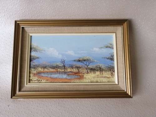 ORIGINAL OIL PAINTING. Bushveld Scene by well known S A Artist Johan Kotze (400mm x 270mm)