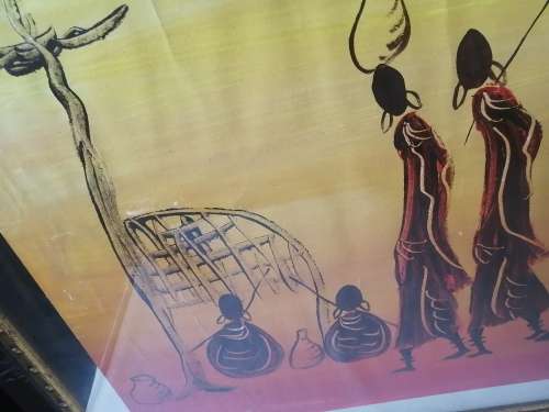 Original Very Large Happily Zanzibar Art Deco Artwork in a Floating Glass Frame