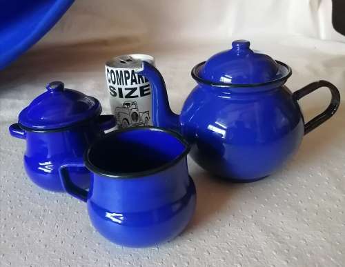 Very Beautiful Vintage Blue Enamel Tea Set - Unused