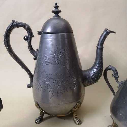 Antique Württembergische Metallwarenfabrik Ornate Silver Plate 1890`s Teaset - Marked WMF