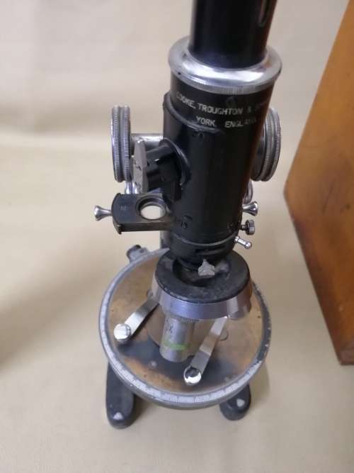 Very Large Cooke, Troughton and Simms Microscope in wooden case with extras