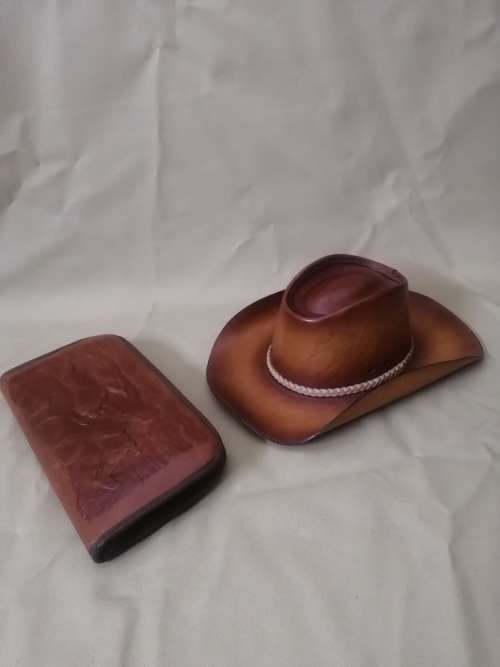 Exquisite Hand Carved Genuine Leather Handgun Pouch and Cowboy Hat