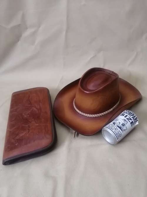 Exquisite Hand Carved Genuine Leather Handgun Pouch and Cowboy Hat