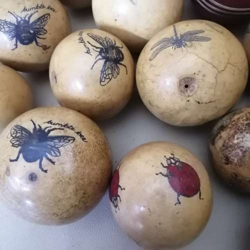 Large Collection Of Wooden Balls Decorated With Hand Drawn Insects