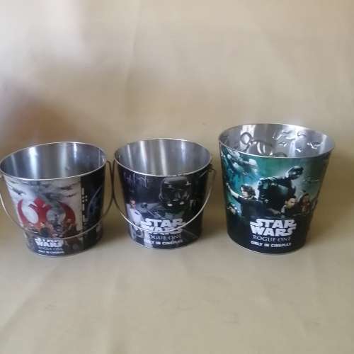 Three Different Collectors Star Wars Metal Popcorn Buckets