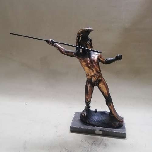VINTAGE BRONZE METAL SPARTAN WARRIOR ON A WOODEN BASE