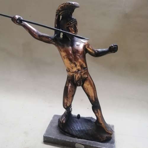 VINTAGE BRONZE METAL SPARTAN WARRIOR ON A WOODEN BASE