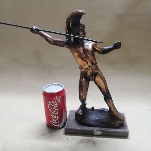 VINTAGE BRONZE METAL SPARTAN WARRIOR ON A WOODEN BASE