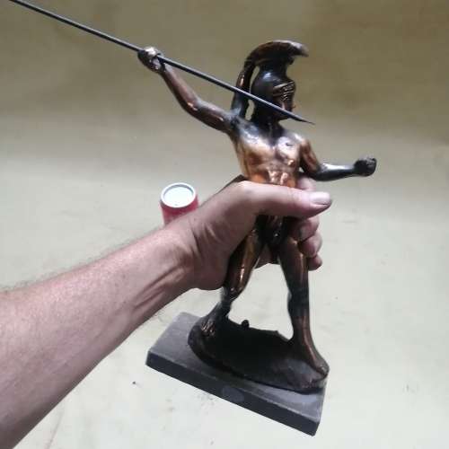 VINTAGE BRONZE METAL SPARTAN WARRIOR ON A WOODEN BASE