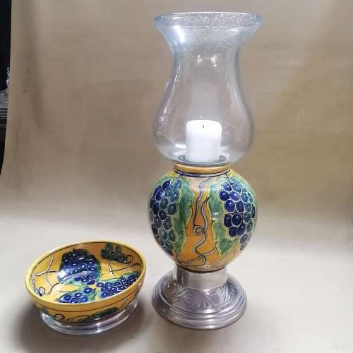 GORGEOUS GIANT HAND PAINTED CERAMIC PEWTER FOOTED CANDLE STAND AND BOWL SET