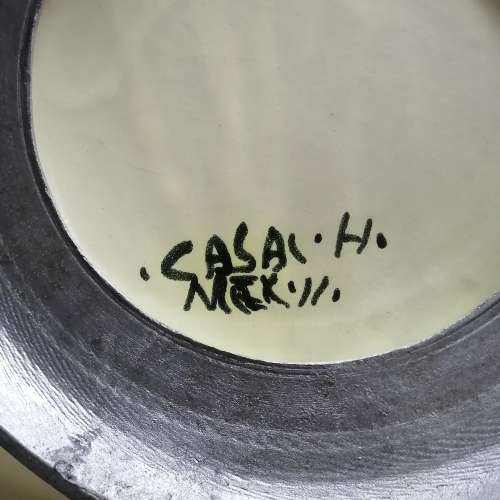 GORGEOUS GIANT HAND PAINTED CERAMIC PEWTER FOOTED CANDLE STAND AND BOWL SET