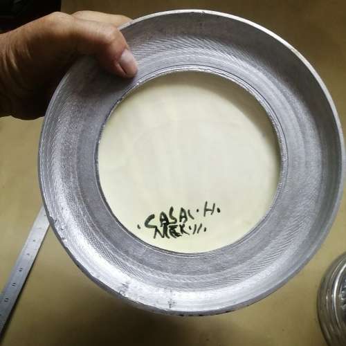 GORGEOUS GIANT HAND PAINTED CERAMIC PEWTER FOOTED CANDLE STAND AND BOWL SET