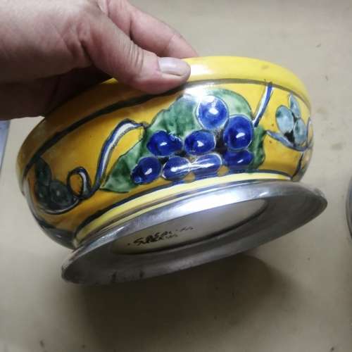 GORGEOUS GIANT HAND PAINTED CERAMIC PEWTER FOOTED CANDLE STAND AND BOWL SET