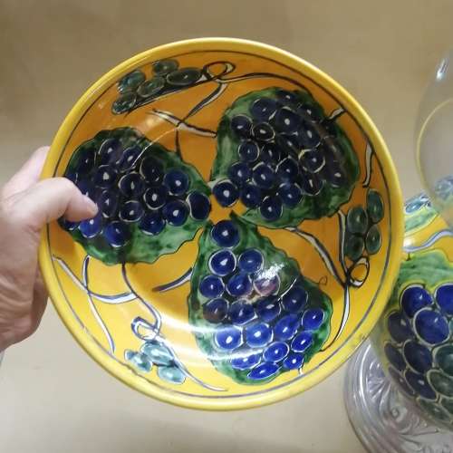 GORGEOUS GIANT HAND PAINTED CERAMIC PEWTER FOOTED CANDLE STAND AND BOWL SET