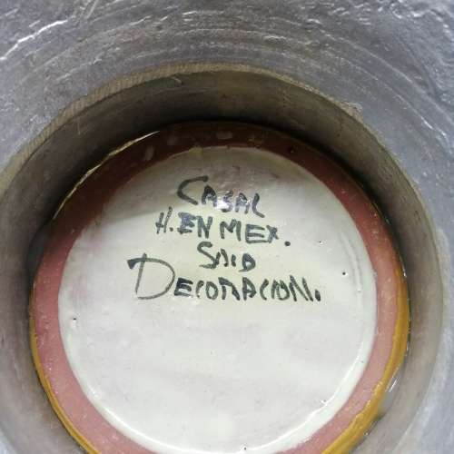 GORGEOUS GIANT HAND PAINTED CERAMIC PEWTER FOOTED CANDLE STAND AND BOWL SET