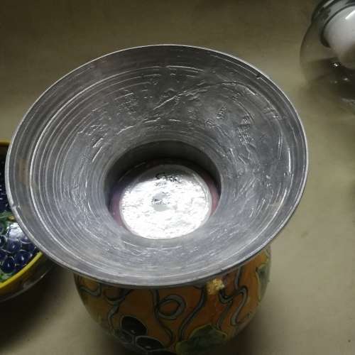 GORGEOUS GIANT HAND PAINTED CERAMIC PEWTER FOOTED CANDLE STAND AND BOWL SET