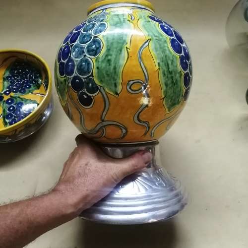 GORGEOUS GIANT HAND PAINTED CERAMIC PEWTER FOOTED CANDLE STAND AND BOWL SET