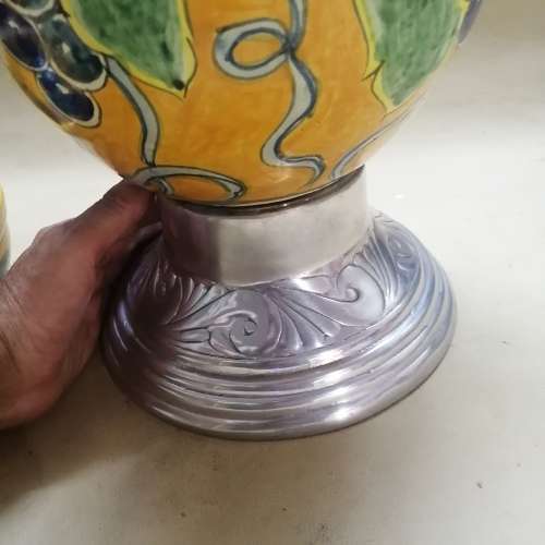 GORGEOUS GIANT HAND PAINTED CERAMIC PEWTER FOOTED CANDLE STAND AND BOWL SET