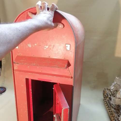 VERY LARGE VINTAGE RED POST OFFICE BOX WITH LOCK AND KEY