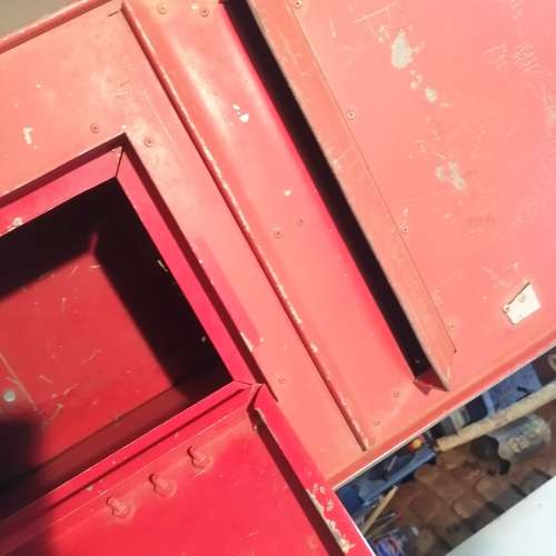 VERY LARGE VINTAGE RED POST OFFICE BOX WITH LOCK AND KEY