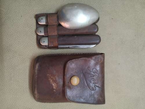 VINTAGE HANDMADE FOLDING UTENSILS AND CUP IN A LEATHER POUCH
