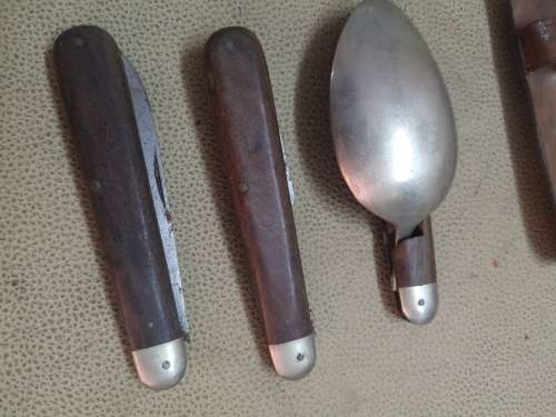 VINTAGE HANDMADE FOLDING UTENSILS AND CUP IN A LEATHER POUCH