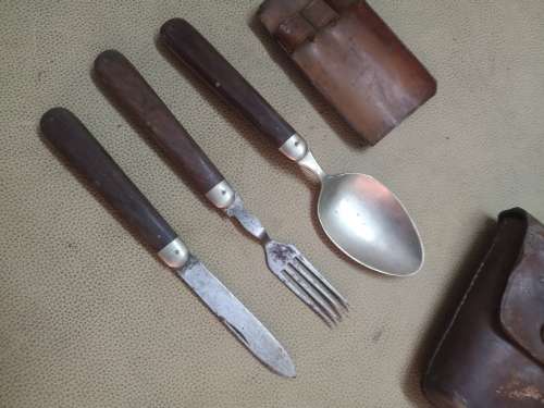 VINTAGE HANDMADE FOLDING UTENSILS AND CUP IN A LEATHER POUCH