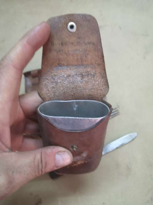 VINTAGE HANDMADE FOLDING UTENSILS AND CUP IN A LEATHER POUCH
