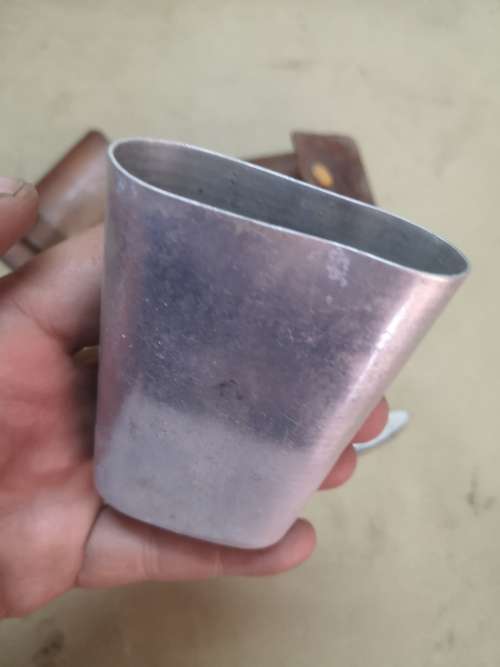 VINTAGE HANDMADE FOLDING UTENSILS AND CUP IN A LEATHER POUCH