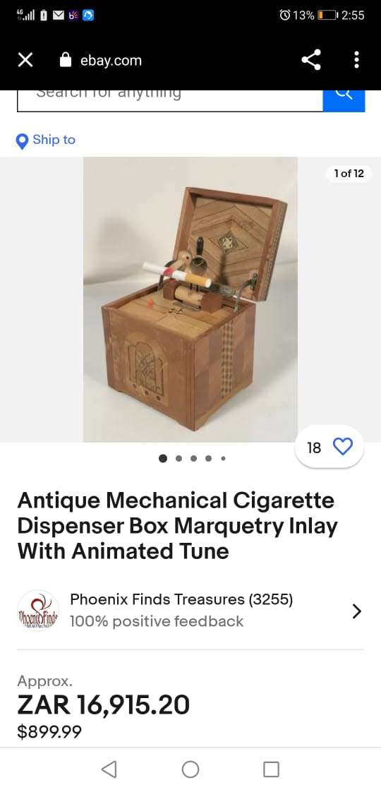 ANTIQUE MECHANICAL CIGARETTE DISPENSER BOX MARQUETRY INLAY WITH ANIMATED TUNE