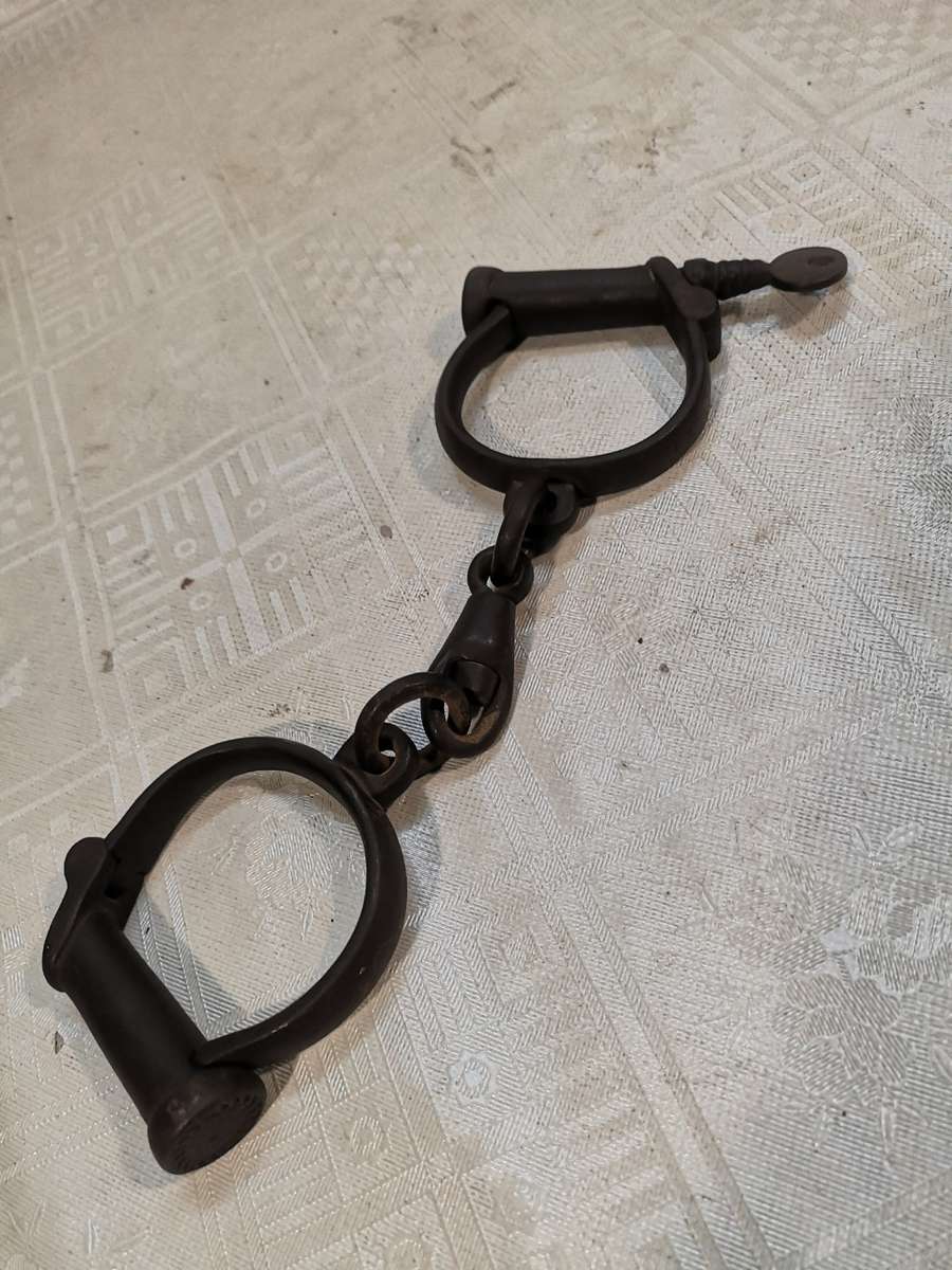 Rare pair of antique circa 1840, British, iron Hiatt Victorian handcuffs - Complete working