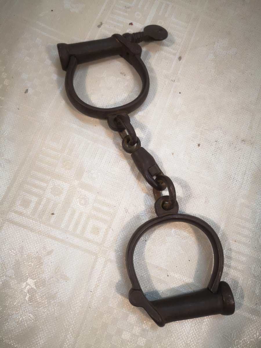 Rare pair of antique circa 1840, British, iron Hiatt Victorian handcuffs - Complete working
