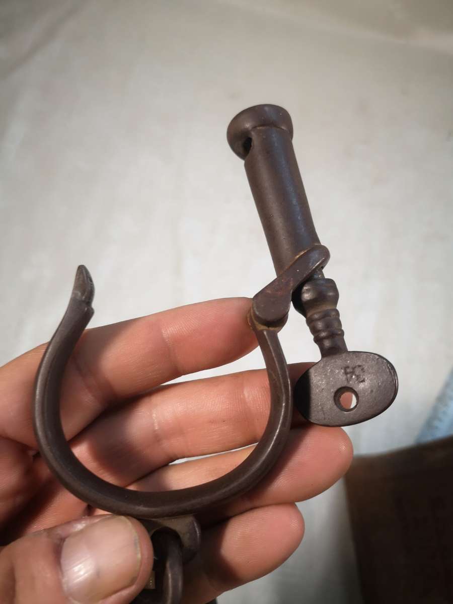 Rare pair of antique circa 1840, British, iron Hiatt Victorian handcuffs - Complete working