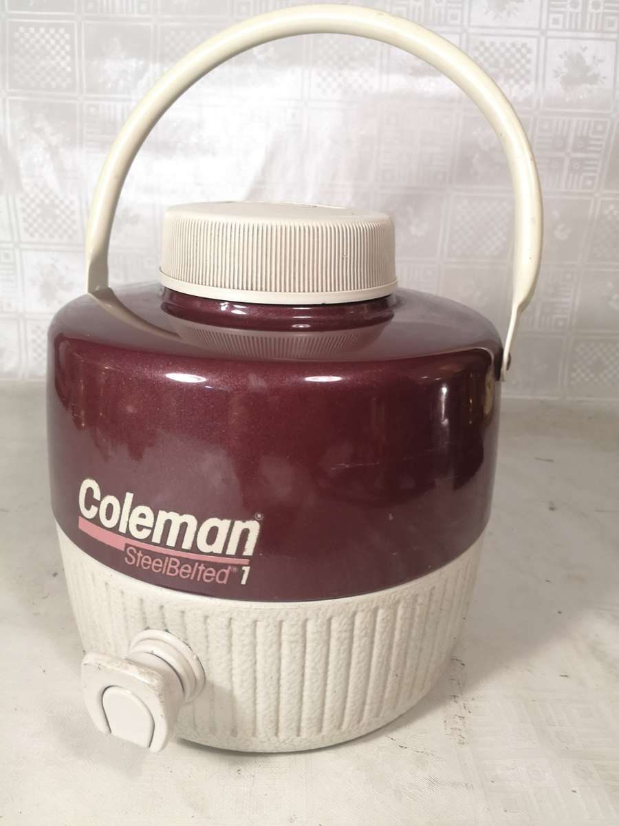Vintage Coleman Steel belt 1 Gallon Maroon/White Cooler Jug with Cup & Spout - NICE UNUSED CONDITION