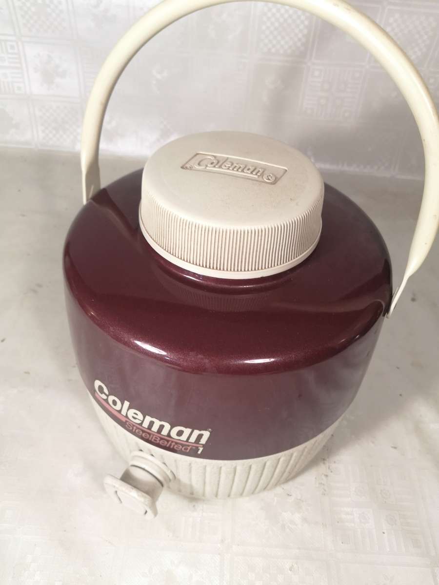 Vintage Coleman Steel belt 1 Gallon Maroon/White Cooler Jug with Cup & Spout - NICE UNUSED CONDITION
