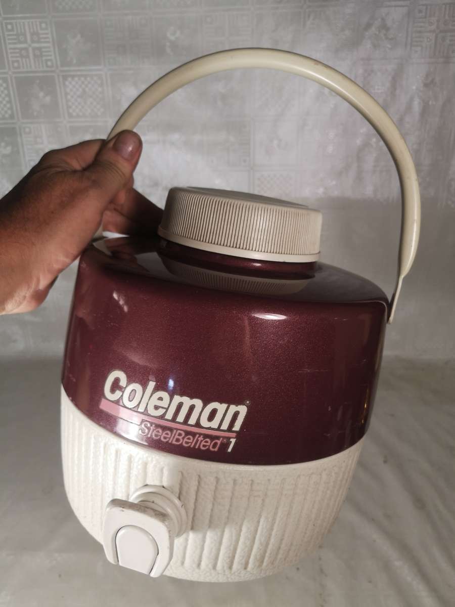 Vintage Coleman Steel belt 1 Gallon Maroon/White Cooler Jug with Cup & Spout - NICE UNUSED CONDITION