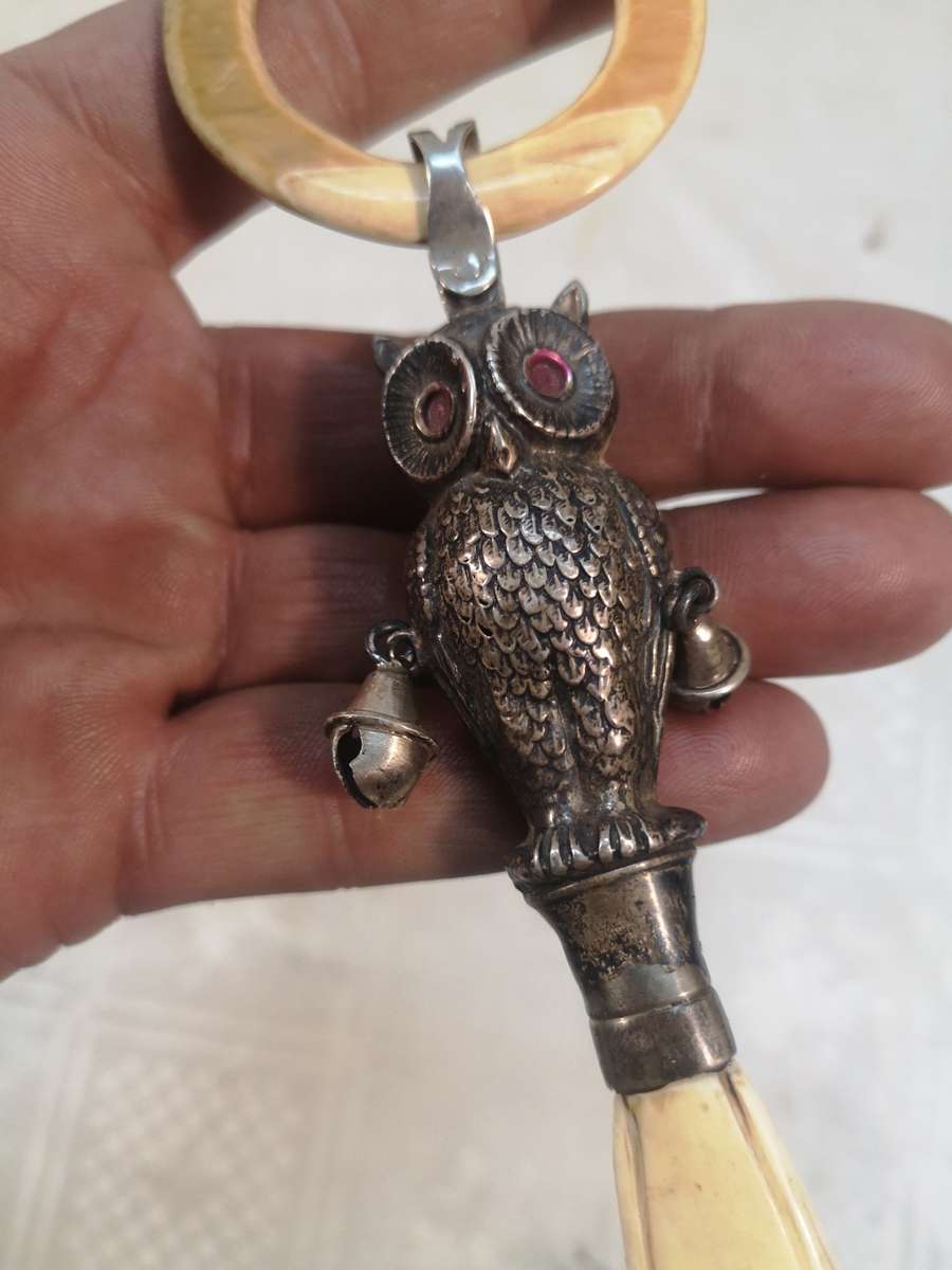 Antique Silver Owl Form Babys Rattle Probably Crisford & Norris A/F