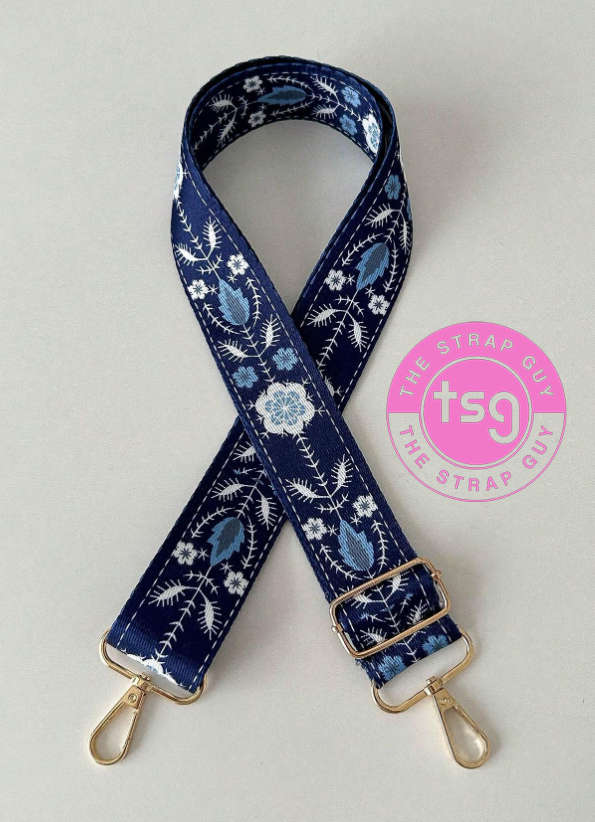 Cross Body Bag strap - Blue and white snowflakes design - Single sided with wording on inner