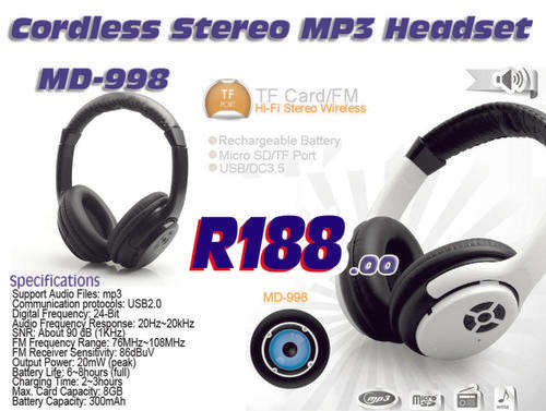 HEADPHONES STEREO MP3 & FM RECEIVER CORDLESS