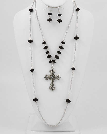 BLACK SWAROVSKI  & SILVER CROSS BEADED NECKLACE SET