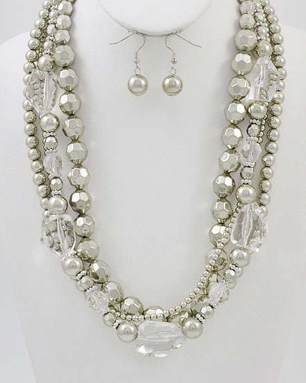 GORGEOUS SILVER & CLEAR CRYSTAL BEADED NECKLACE SET